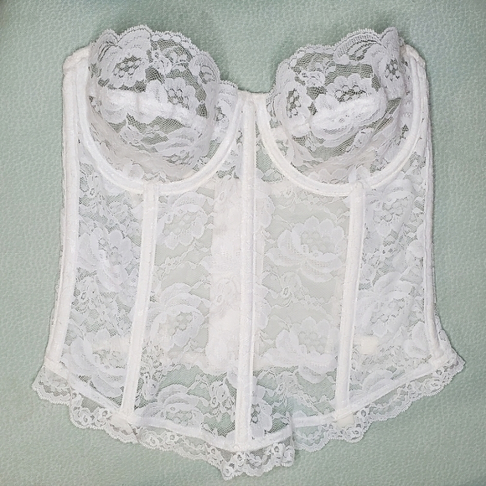Vintage 90s Jezebel White Lace Lingerie Sheer Bridal Floral Corset Ruffle 34 B
